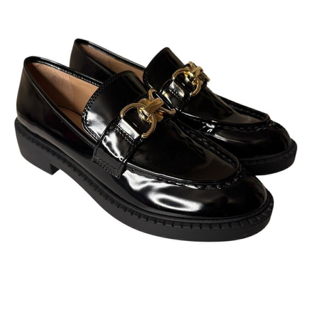 INC Visala 1" Platform Slip On Loafers 9.5 Vegan Patent Leather Chain Detail